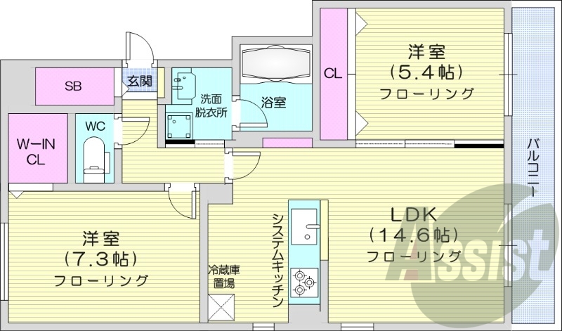 2LDK、都市ガス、エアコン、システムキッチン