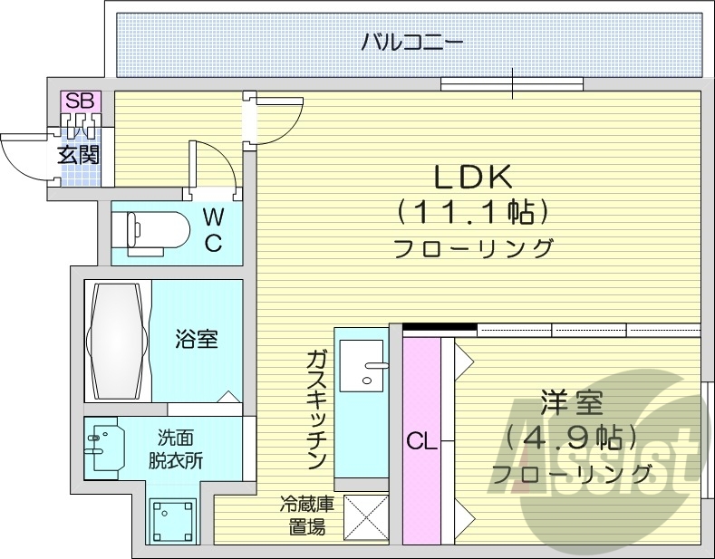1LDK、エアコン、灯油暖房、バス・トイレ別