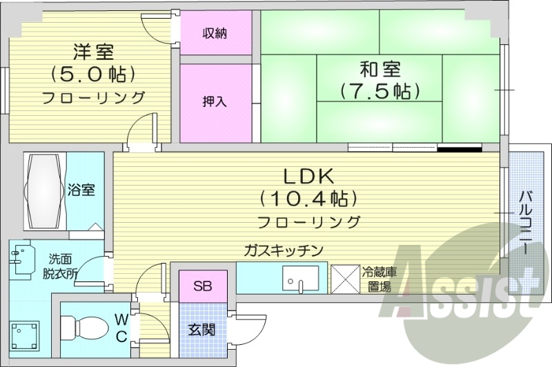 2LDK、独立洗面台、ガス給湯器、ガス暖房、バス・トイレ別、