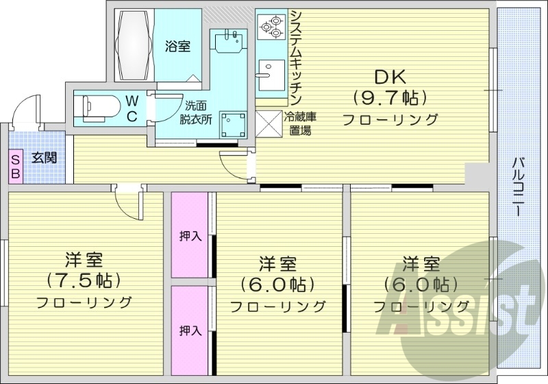3LDK、都市ガス、システムキッチン、独立洗面台