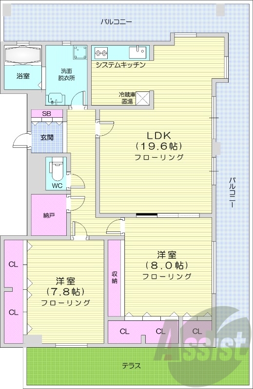 2LDK、エアコン、システムキッチン、独立洗面台