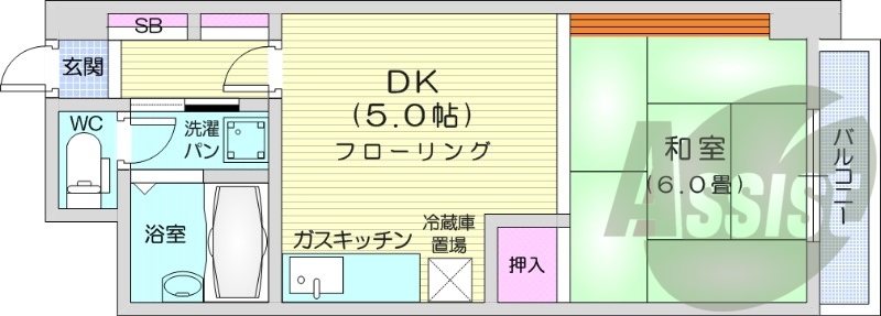 1DK、オートロック、ガス給湯、灯油暖房、バストイレ別