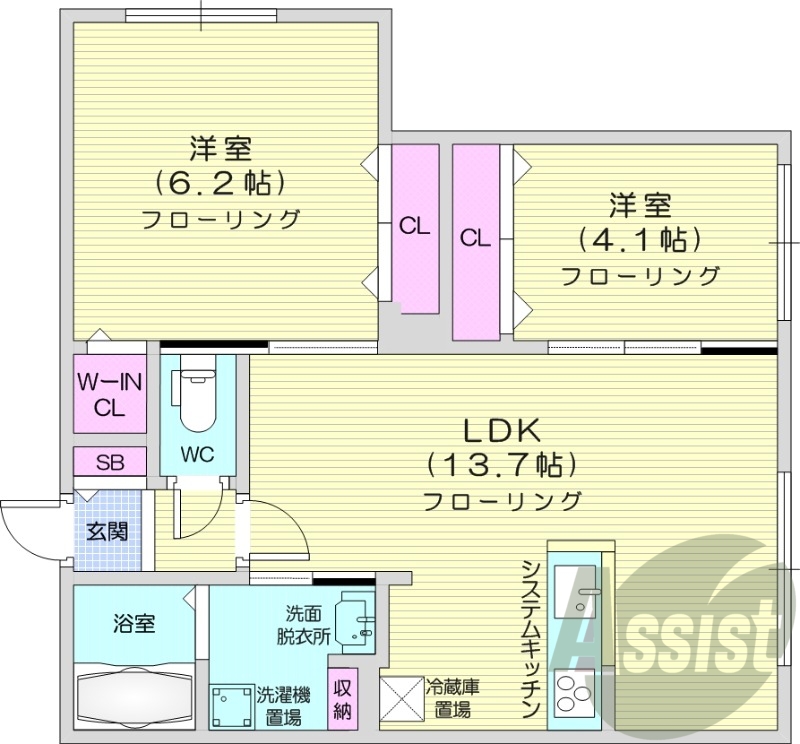 2LDK、都市ガス、エアコン、追い焚き、浴室乾燥機