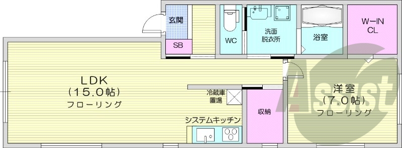 1LDK、灯油暖房、エアコン、システムキッチン