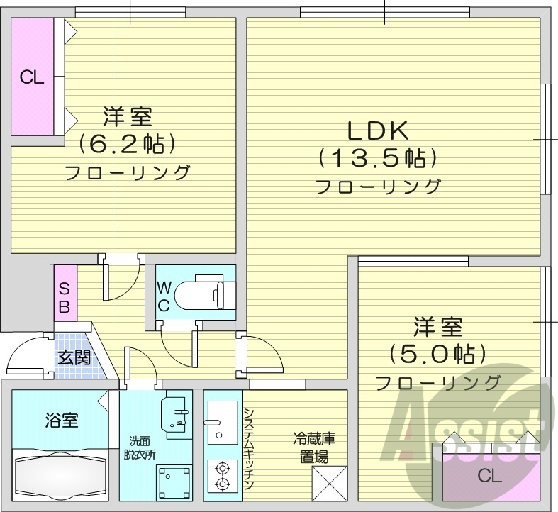 2LDK、洗髪洗面化粧台、モニターホン、収納