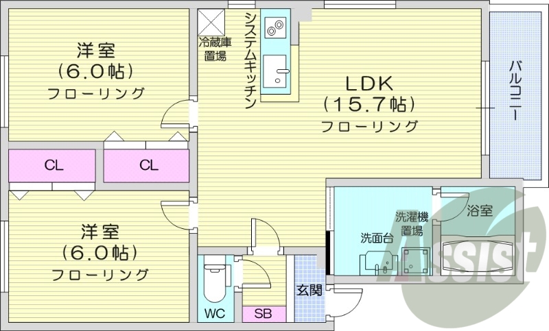 2LDK、バルコニー、クローゼット、IHシステムキッチン