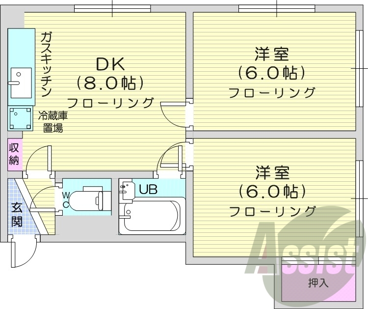 2LDK、角部屋、最上階、バストイレ別、室内洗濯機置場