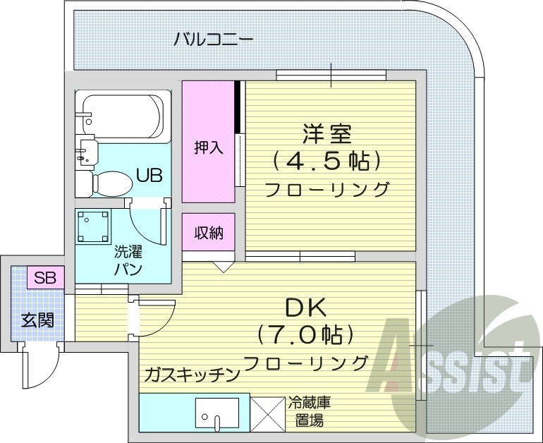 2DK、オートロック、バストイレ別、最上階、ガス給湯