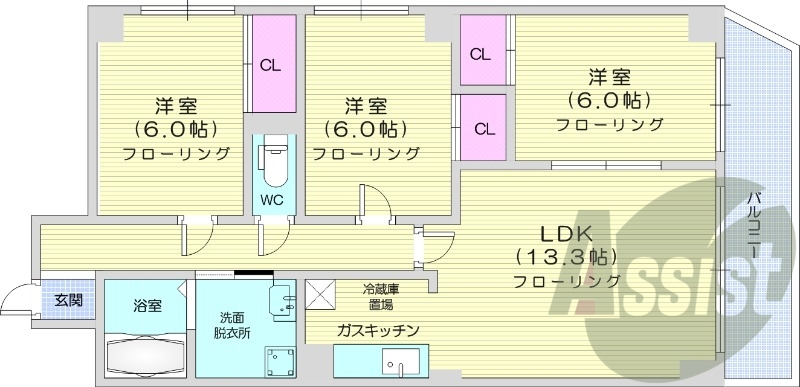 3LDK、灯油暖房、バルコニー、システムキッチン