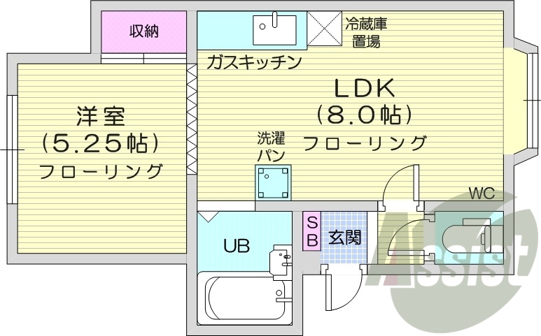 1LDK、灯油暖房、バストイレ別、ガス給湯