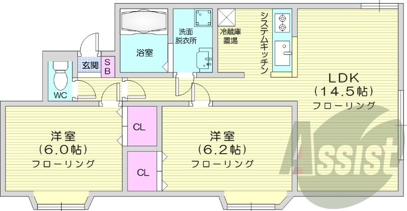 2LDK、洗髪洗面化粧台、モニターホン、収納