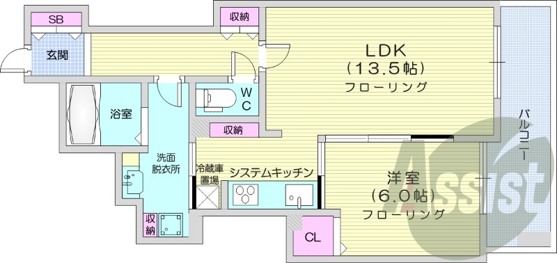 1LDK、床暖房、システムキッチン、エアコン
