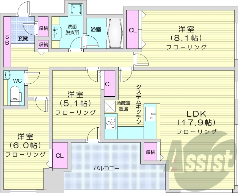 3LDK、システムキッチン、エアコン、追い焚き