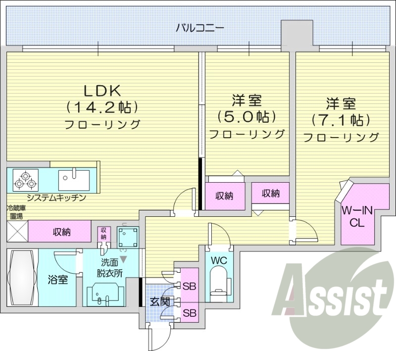 2LDK、都市ガス、追い焚き、浴室乾燥機、システムキッチン