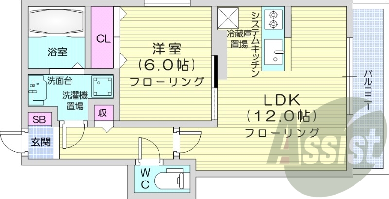 1LDK、都市ガス、対面システムキッチン、エアコン