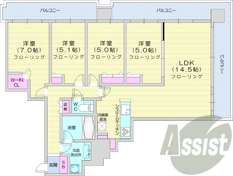 4LDK、都市ガス、オートロック、システムキッチン