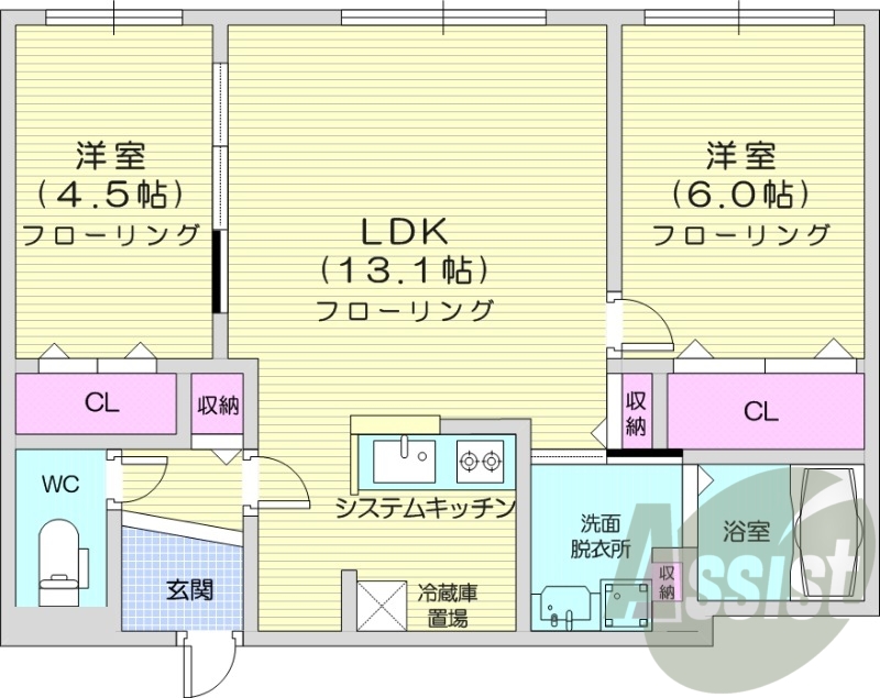 2LDK、都市ガス、追い焚き、エアコン、システムキッチン
