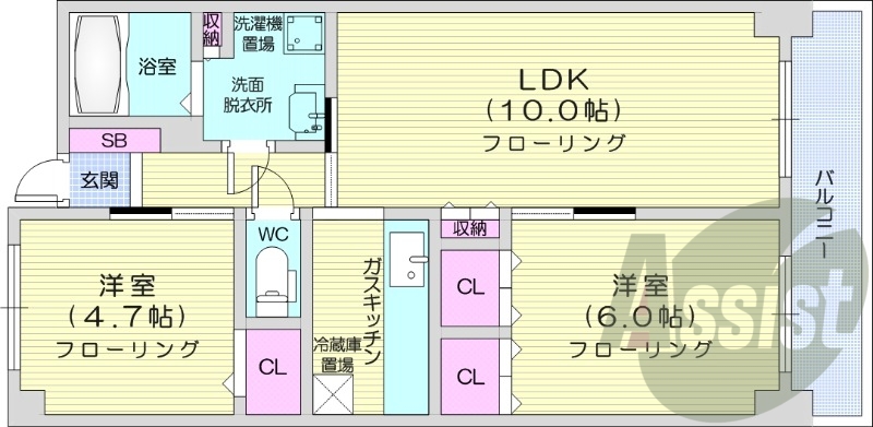 2LDK、エアコン、独立洗面台、ガス暖房、トランクルーム