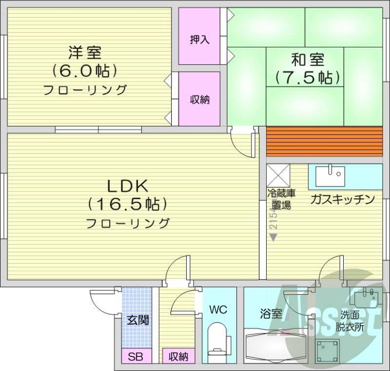 2LDK、独立洗面台、トランクルーム、バストイレ別