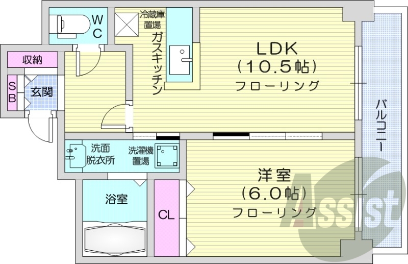 1LDK、バストイレ別、ロードヒーティング、ネット無料