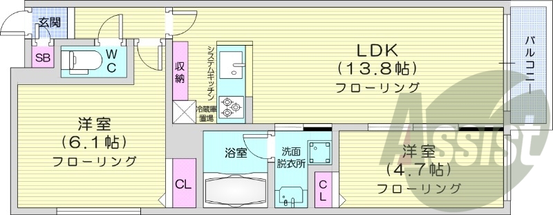 2LDK、都市ガス、エアコン、追い焚き、システムキッチン