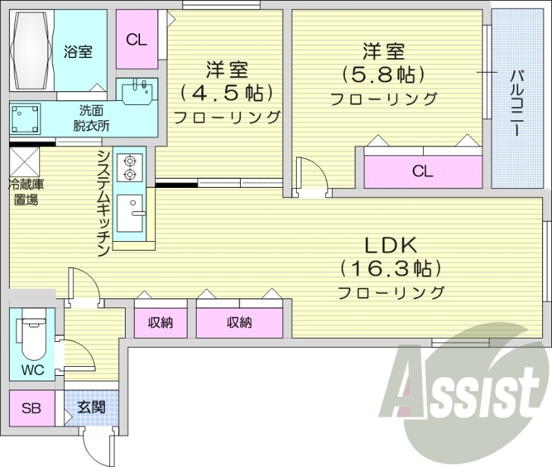 2LDK、都市ガス、エアコン、システムキッチン
