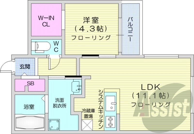 1LDK、都市ガス、エアコン、システムキッチン
