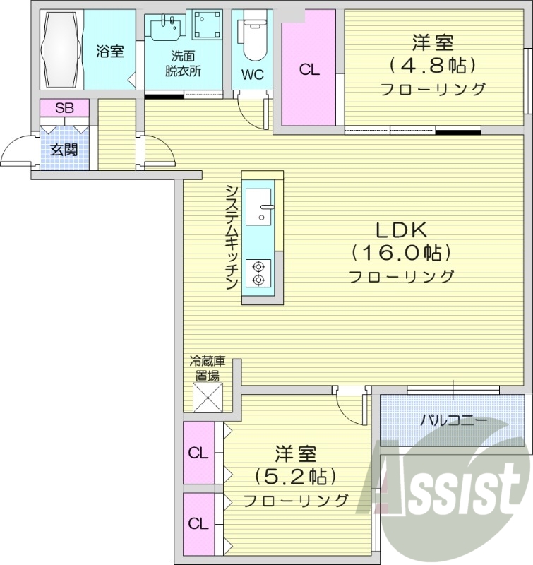 2LDK、都市ガス、エアコン、システムキッチン