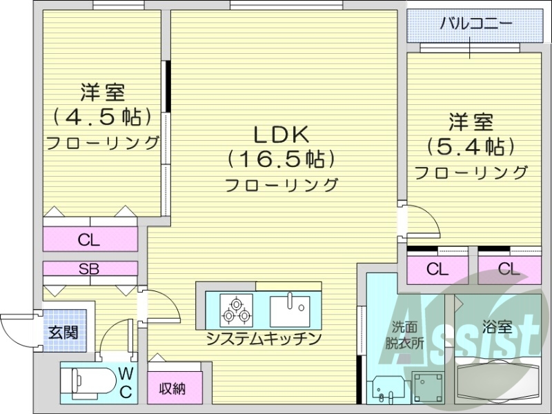 2LDK、都市ガス、エアコン、システムキッチン