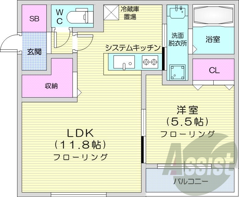 1LDK、都市ガス、エアコン、システムキッチン