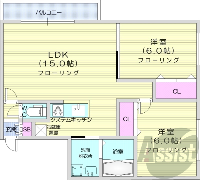 2LDK、宅配ボックス、都市ガス、バストイレ別
