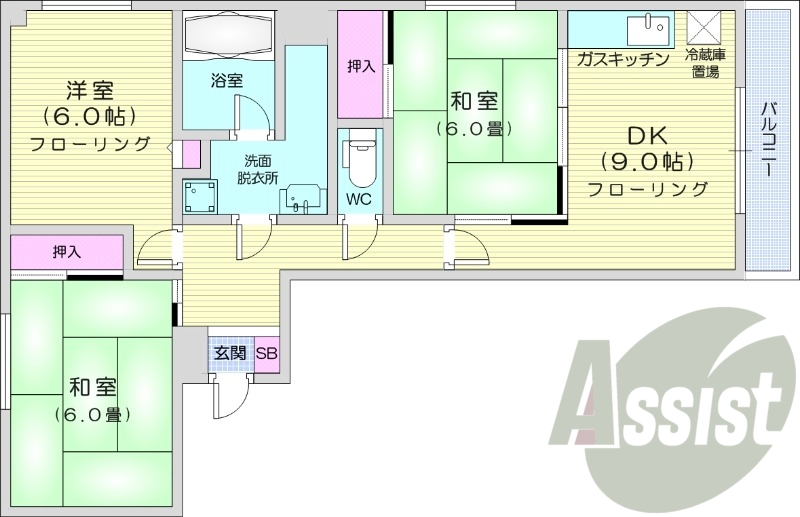 3DK、都市ガス、独立洗面台