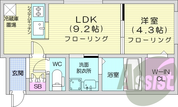1LDK、都市ガス、独立洗面台、システムキッチン、