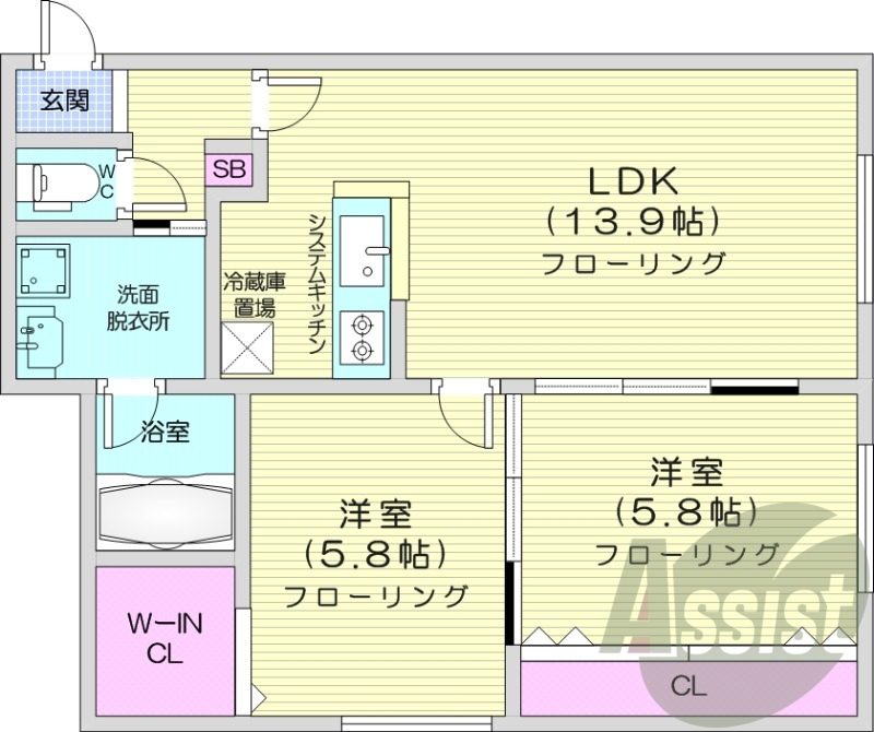2LDK、都市ガス、システムキッチン、オートロック、