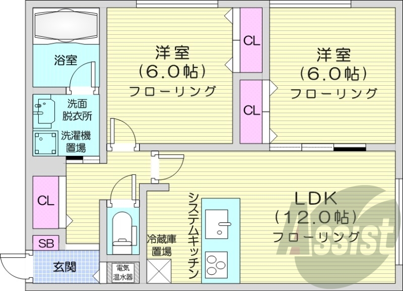 2LDK、角部屋、エアコン、浴室乾燥機、電気暖房