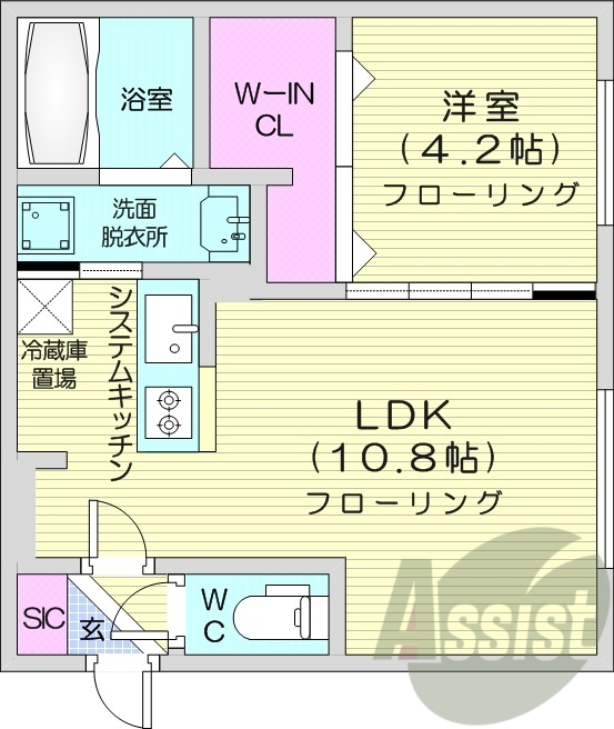 1LDK、エアコン、床暖房、システムキッチン、ネット無料