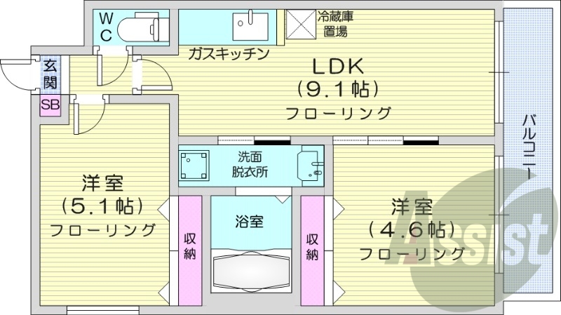 2DK、ネット無料、エアコン、浴室乾燥、オートロック