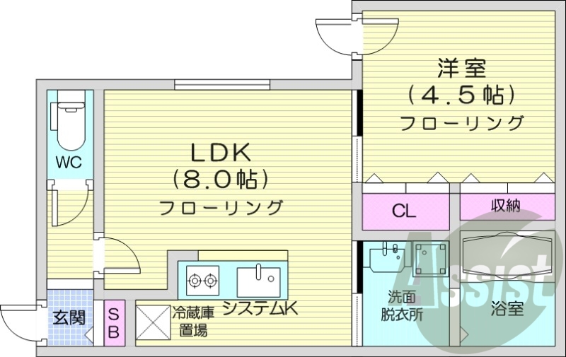 1LDK、都市ガス、バス・トイレ別、ネット無料