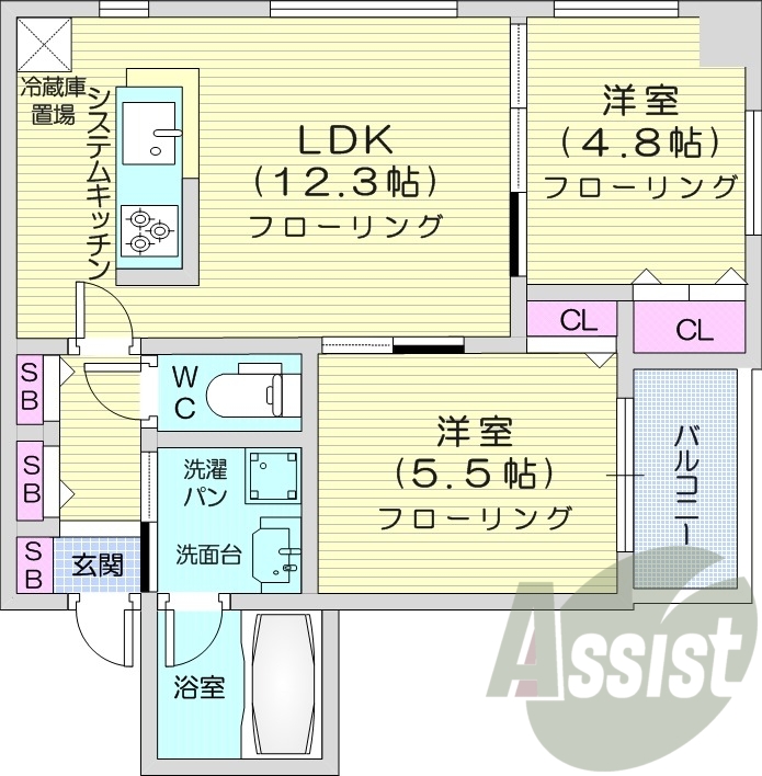 2LDK、エアコン、都市ガス、バルコニー、角部屋