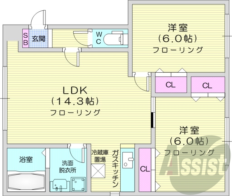 2LDK、灯油暖房、独立洗面台、