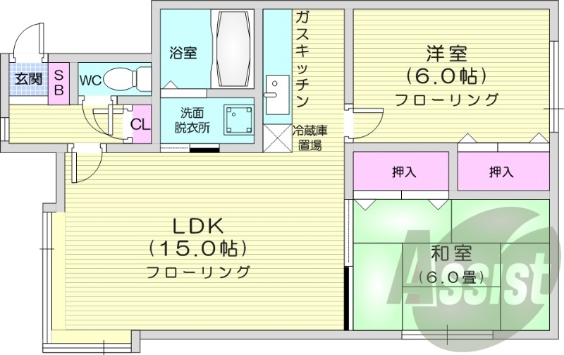 2LDK、独立洗面台、トイレ風呂別、灯油暖房、角部屋