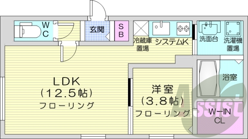1LDK、エアコン、独立洗面台、システムキッチン、