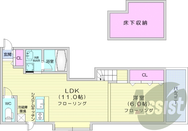 1LDK、床下収納、ペット相談可、エアコン