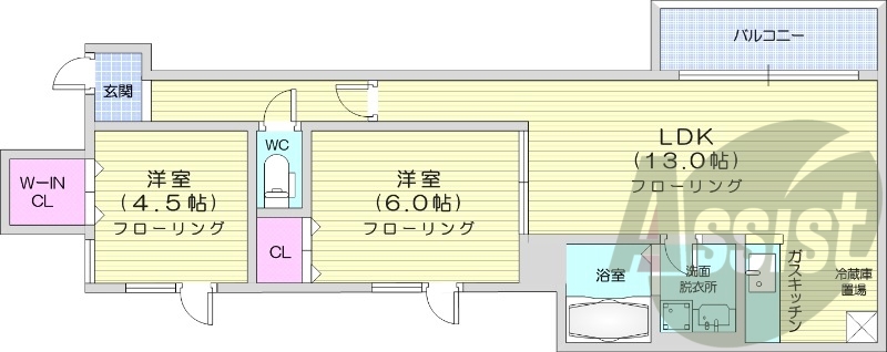 2LDK、角部屋、トランクルーム、独立洗面台、ベランダ