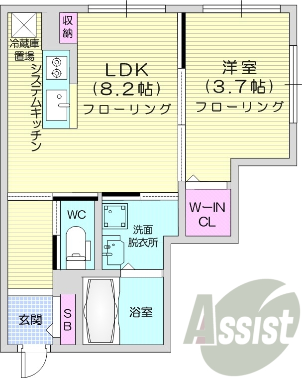 1LDK、都市ガス、エアコン、浴室乾燥機、システムキッチン