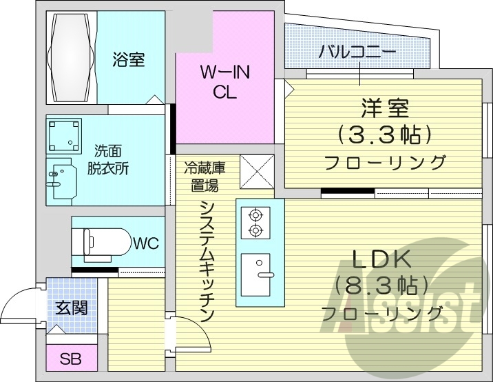 1LDK、都市ガス、エアコン、浴室乾燥機、システムキッチン