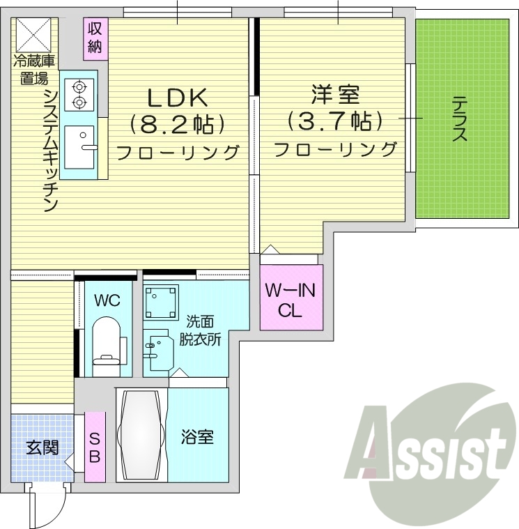 1LDK、都市ガス、エアコン、浴室乾燥機、システムキッチン
