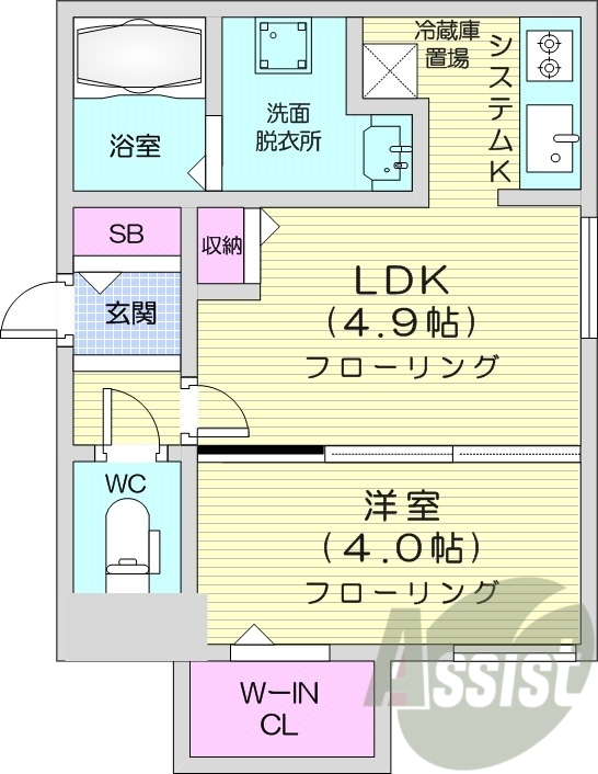 1DK、都市ガス、エアコン、浴室乾燥機、システムキッチン