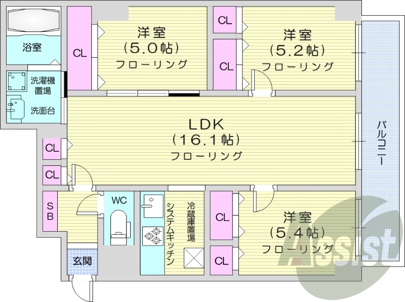 3LDK、都市ガス、エアコン、追い炊き、浴室乾燥機