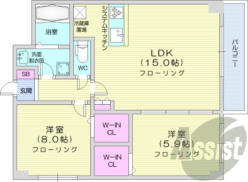 2LDK、オール電化、エアコン、システムキッチン